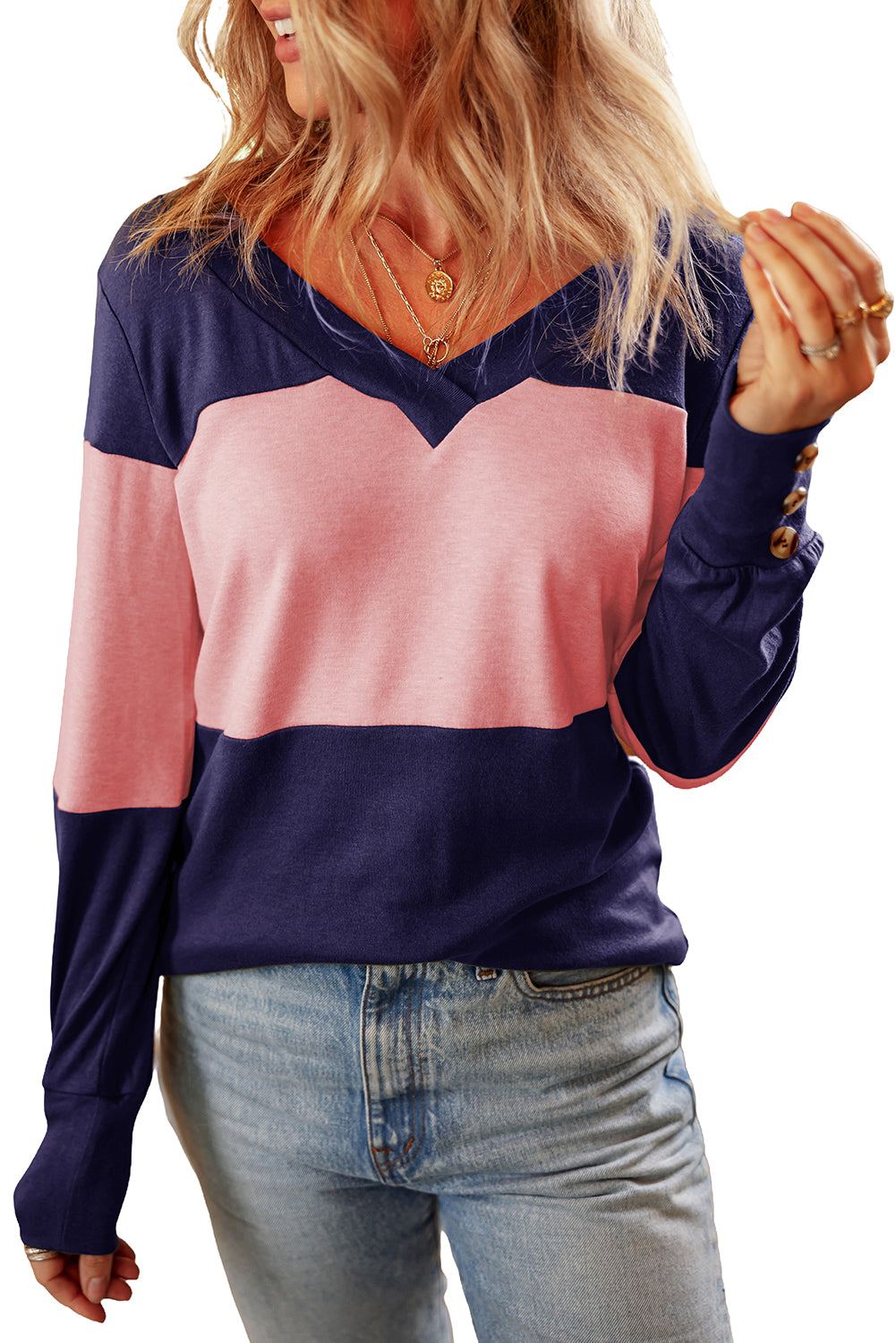 Stripe Colorblock Button Decor Long Sleeve V Neck Top