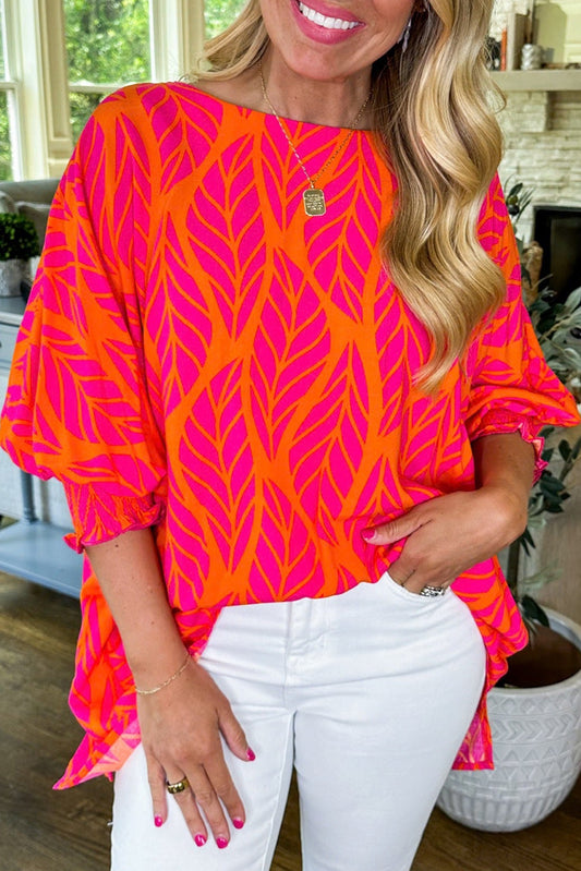 Tropical Leaf Print Smocked Puff Sleeve Blouse