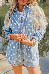 Sky Blue Star Print Light Wash Raw Hem Denim Jacket