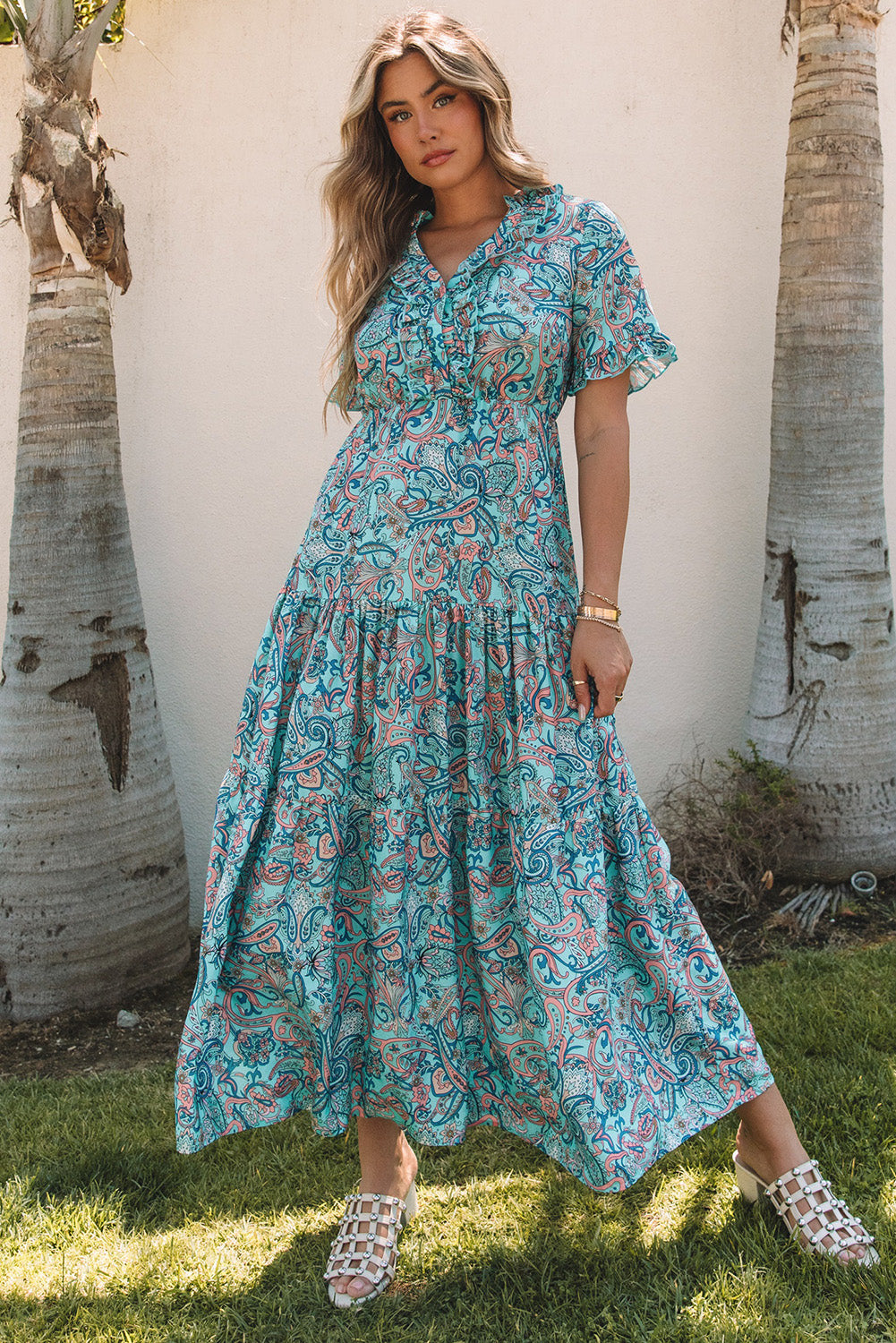 Paisley Print Boho Holiday Ruffle Tiered Maxi Dress