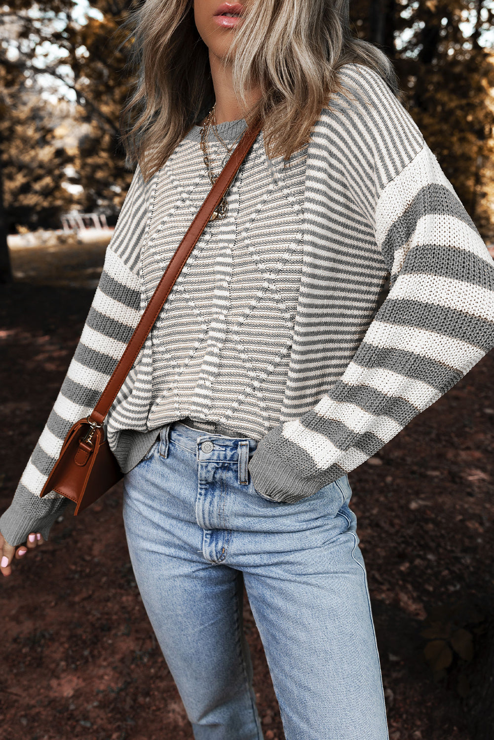 Stripe Geometric Textured Drop Shoulder Sweater