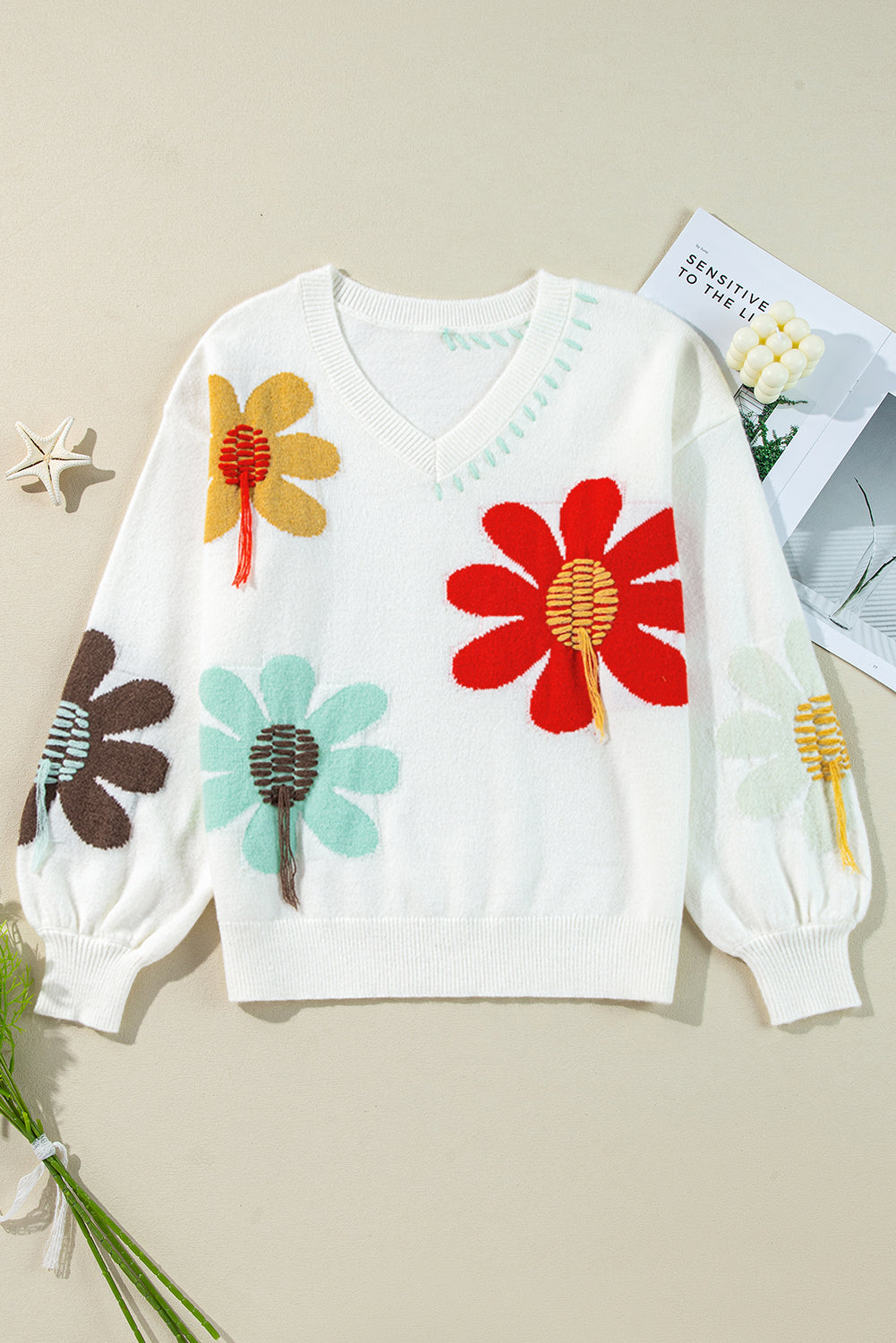 Big Flower Pattern V Neck Drop Shoulder Sweater