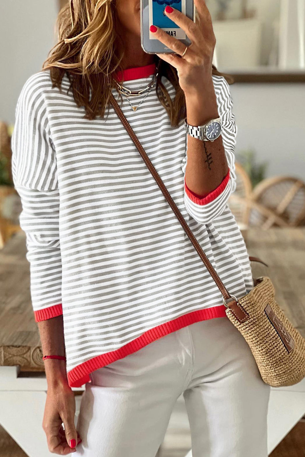 Contrast Trimmed Striped Drop Shoulder Sweater