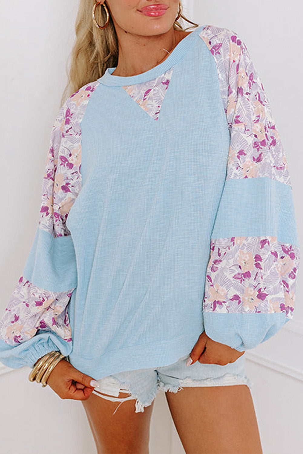 Textured Floral Patchwork Balloon Sleeve Blouse