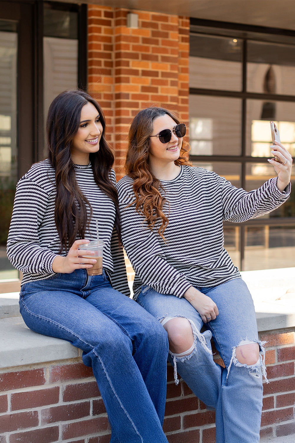 Stripe Round Neck Drop Shoulder Long Sleeve Top