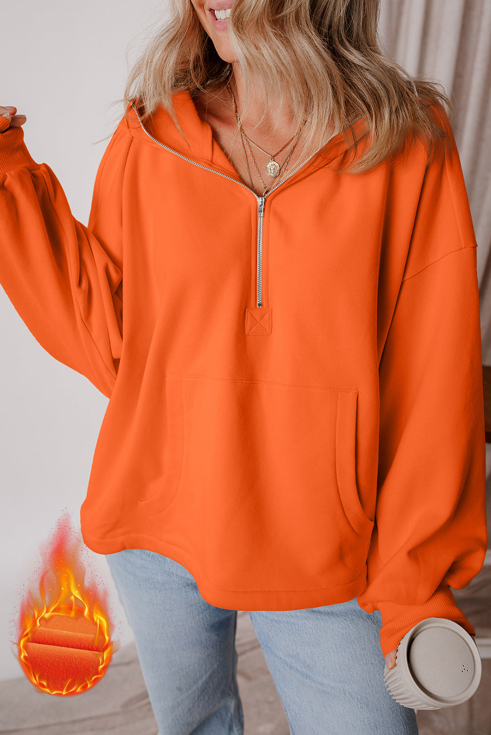 Fleece Lined Half Zipper Kangaroo Pockets Loose Hoodie