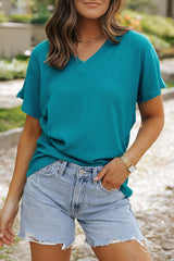 Sapphire Crinkled V Neck Wide Sleeve T-shirt