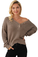 Khaki Pointelle Knit Button V Neck Drop Shoulder Sweater