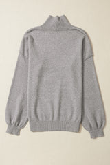 Gray Turtleneck Drop Shoulder Bubble Sleeve Knit Sweater