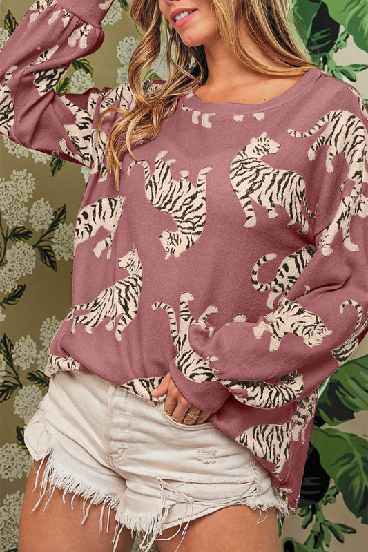 Lively Tiger Print Casual Sweatshirt