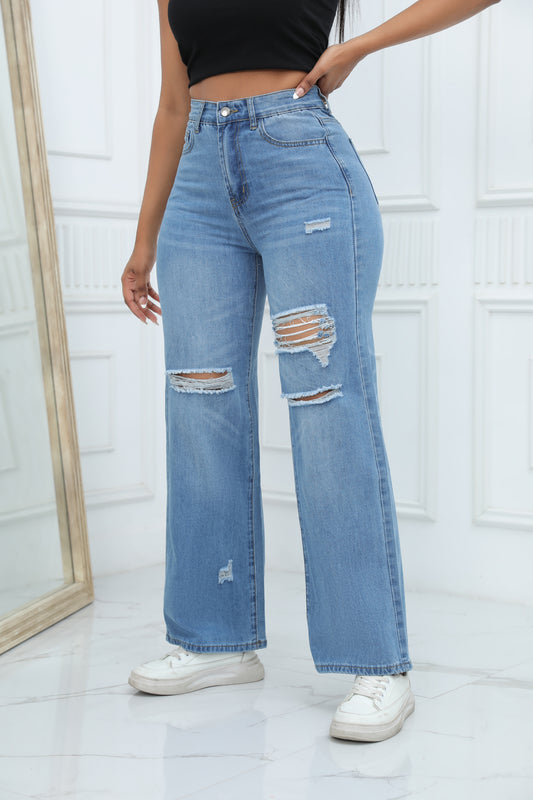 High-quality Temperament Ripped Wide-leg Pants Jeans