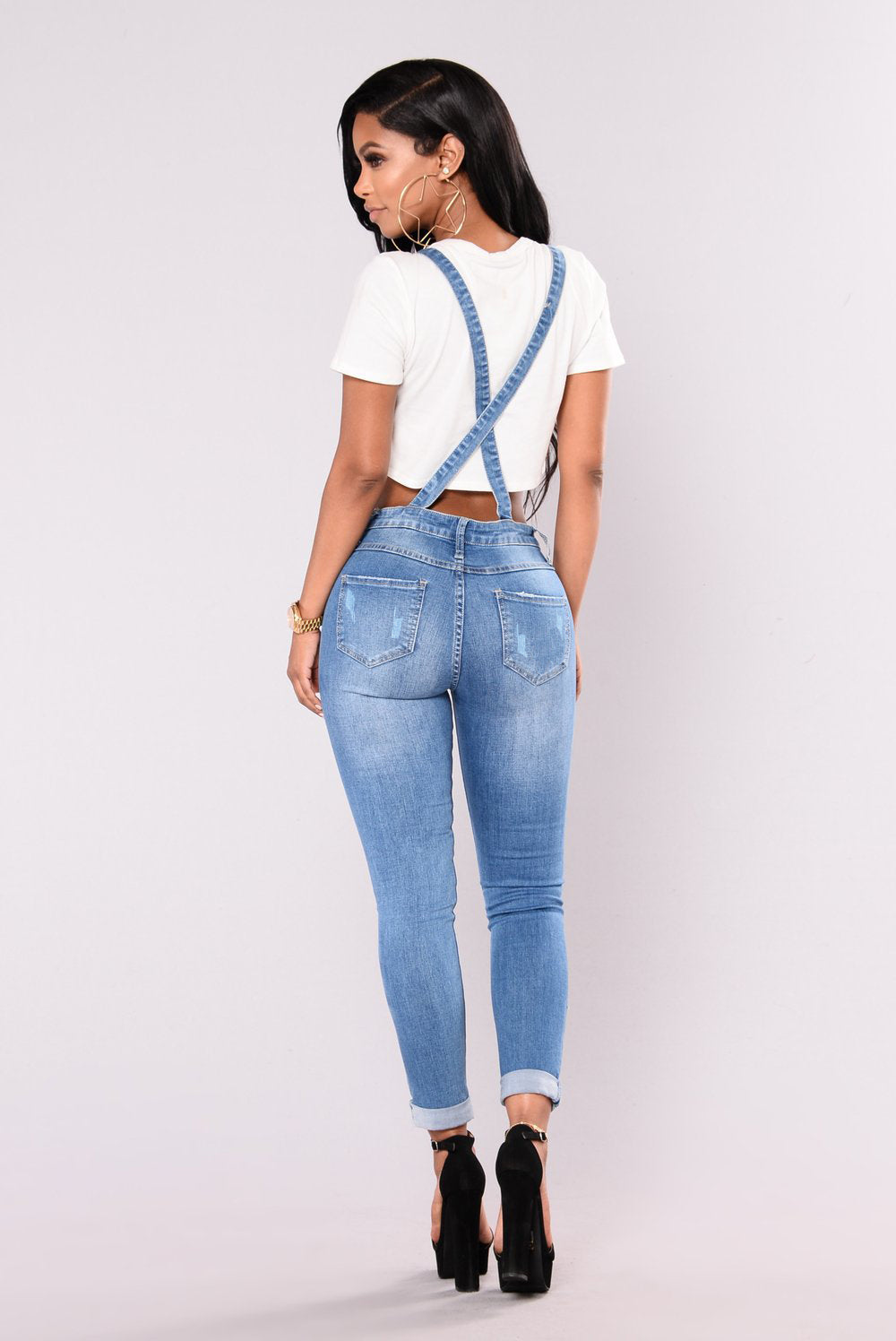 High-quality Ripped Hip Rolls Cropped Denim Bib Pants