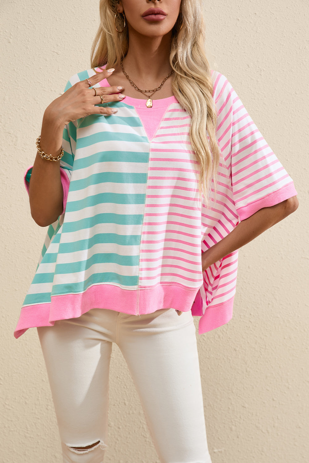 Stripe Contrast Patchwork Oversized T Shirt