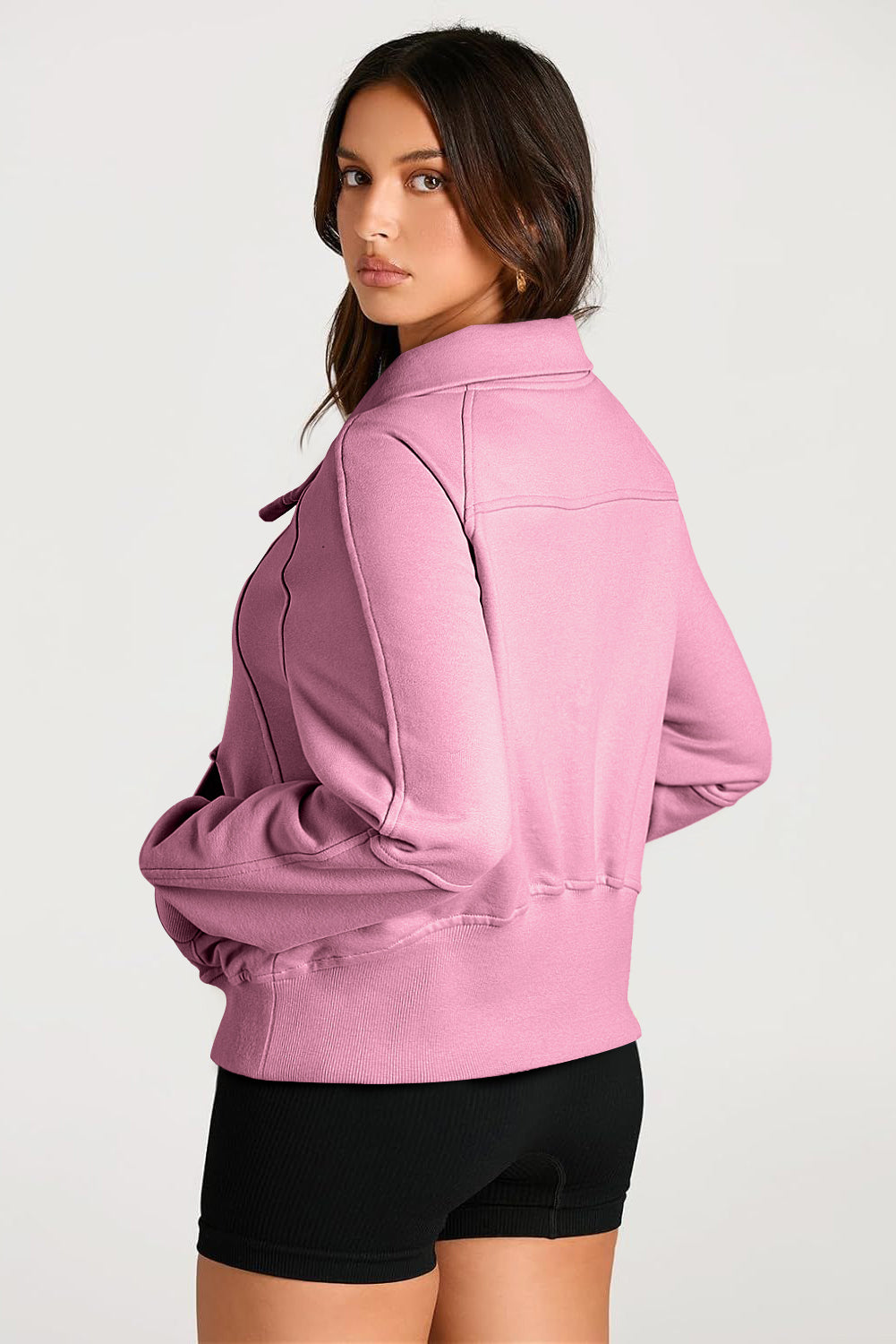 Solid Color Quarter Zip Stand Neck Kangaroo Pocket Sweatshirt