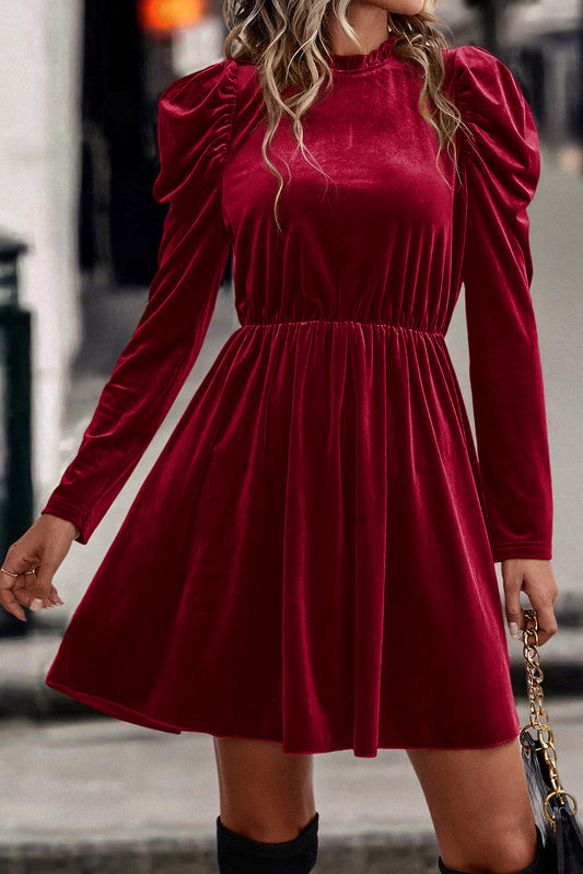 Dahlia Velvet Frilled Neck Gigot Sleeve Swing Dress