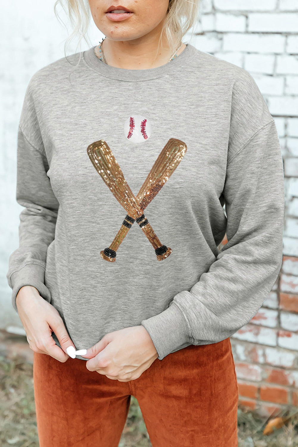 Gray Sequin Baseball Graphic Crewneck Game Day Sweatshirt