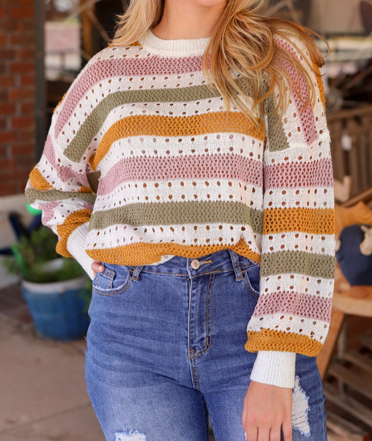 Multicolor Striped Hollowed Knitted Loose Sweater