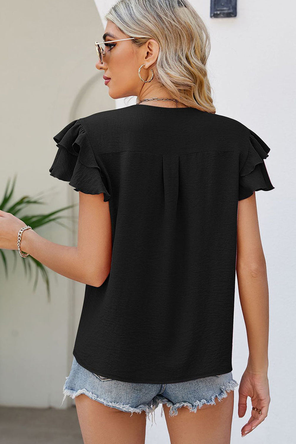 Solid Color V Neck Ruffle Short Sleeve Blouse