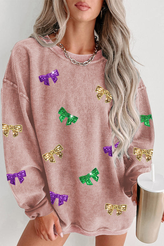 Pink Mardi Gras Sequin Bow Knot Drop Shoulder Corded Sweatshirt