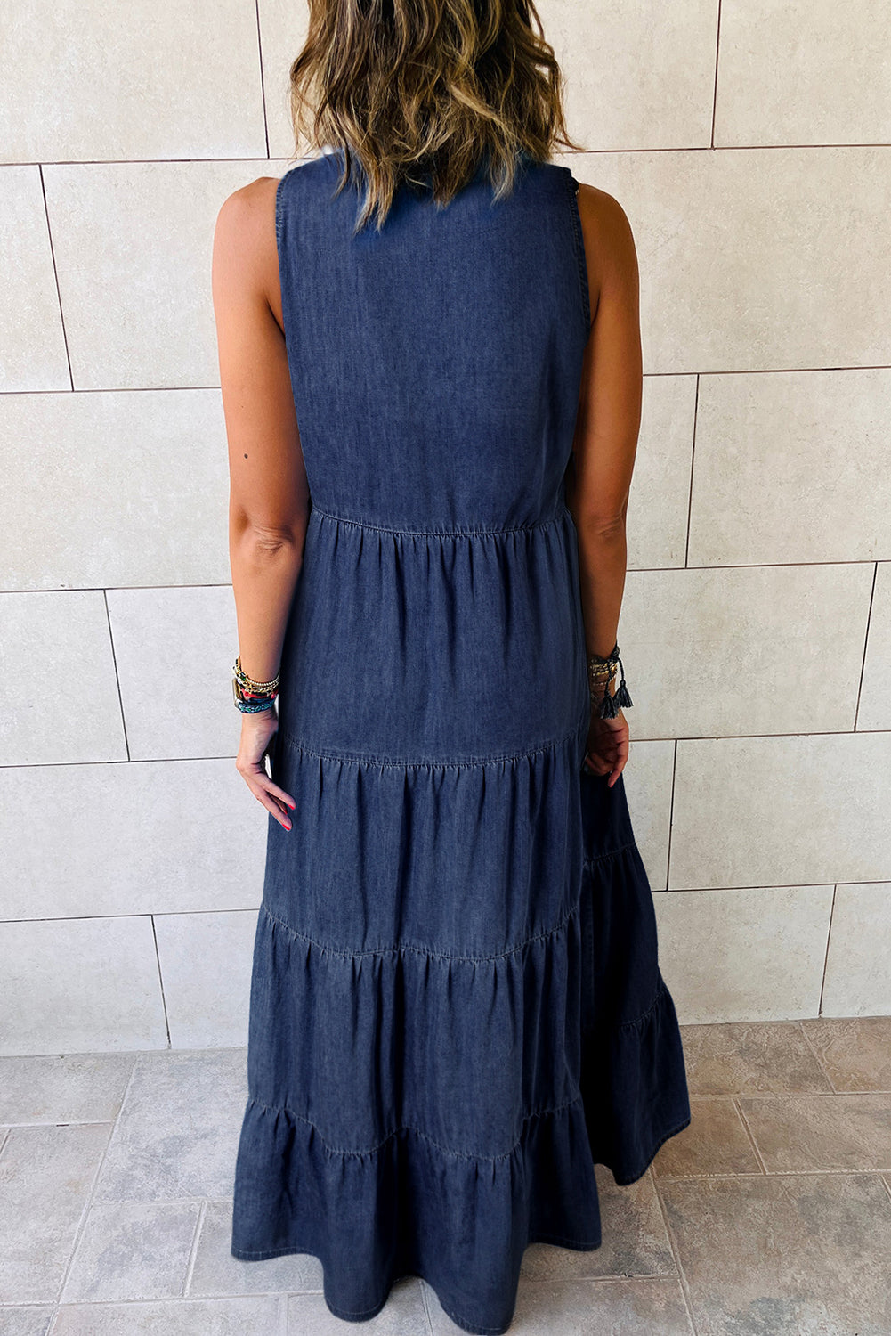 Solid Color Sleeveless Tiered Chambray Maxi Dress