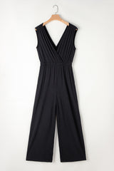 Women's Deep V Pleated Crisscross Wide Leg Backless Jumpsuit