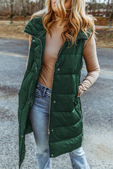 Green Hooded Long Quilted Vest Coat