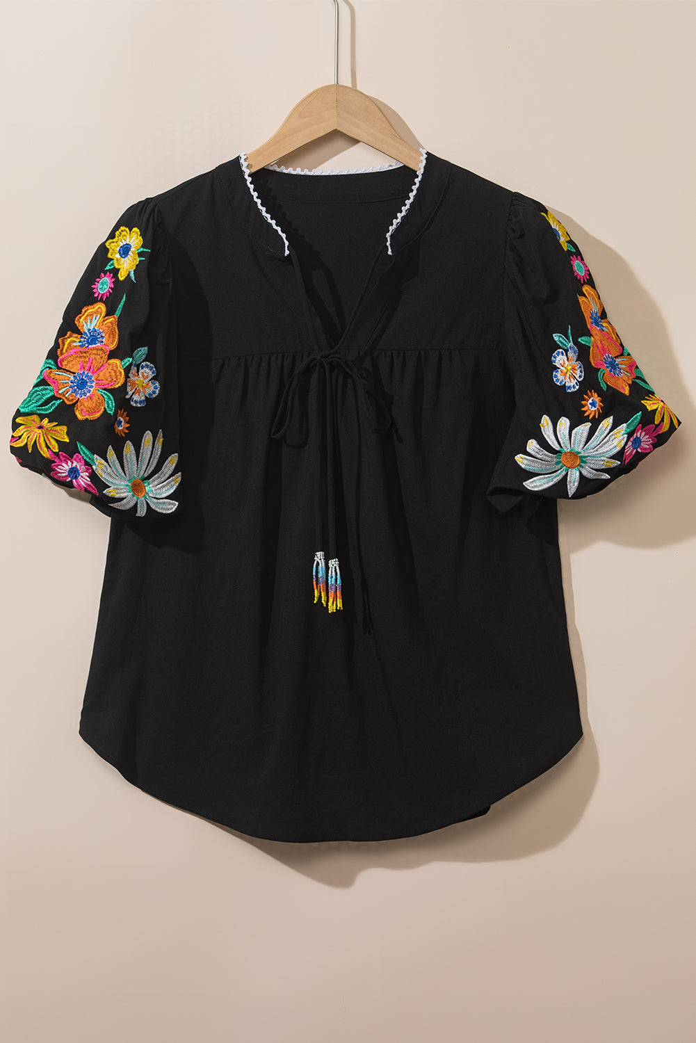 Floral Embroidered Puff Sleeve Split Neck Blouse