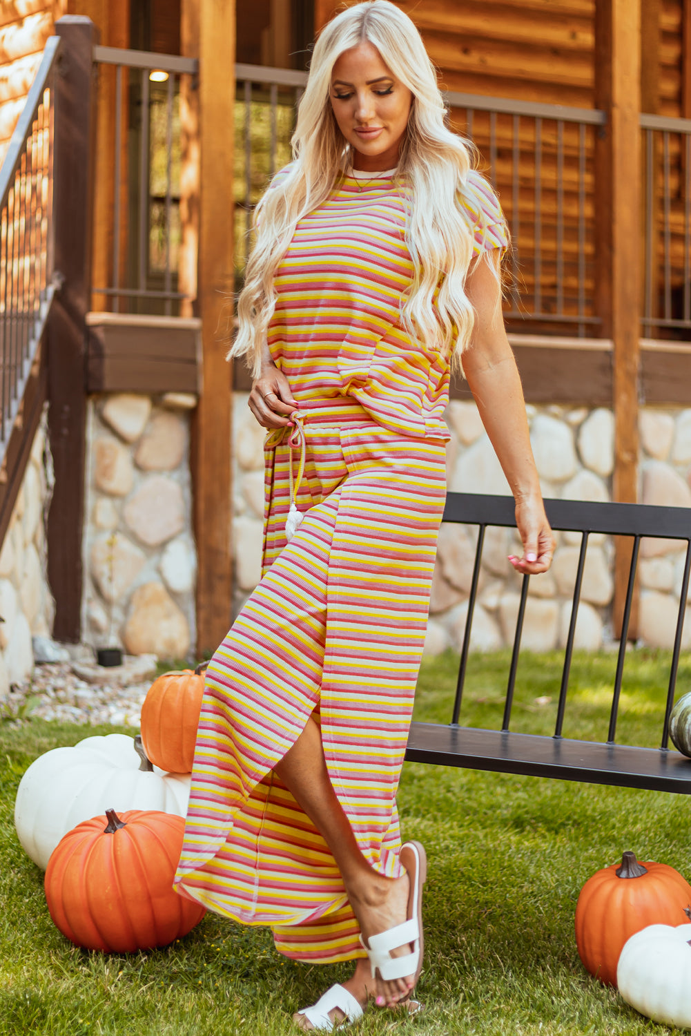 Rainbow Tee Tasseled String Wide Leg Pants Set