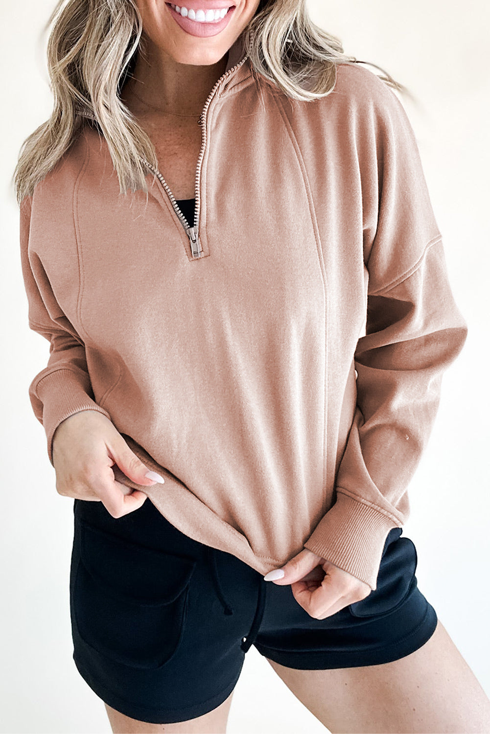 Zipped Neck Pullover Drop Shoulder Sweatshirt