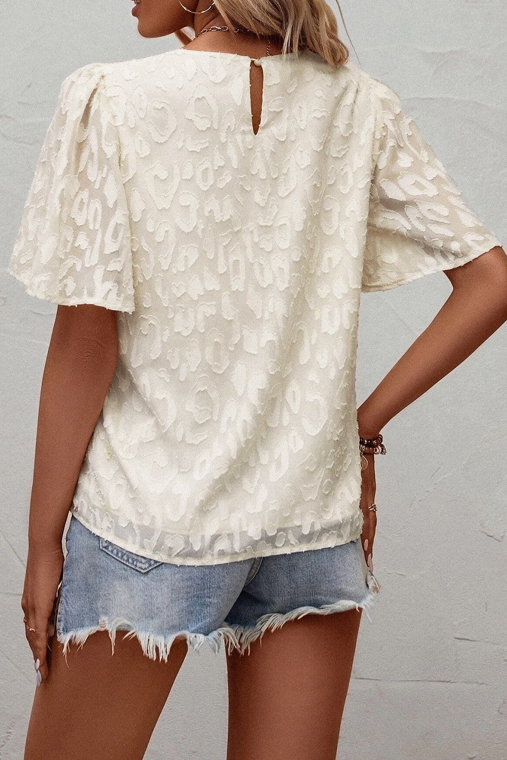 Beige Elegant Jacquard Butterfly Sleeve Blouse