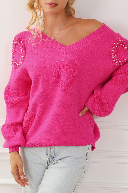 Rose Red Pearl Embellished Fuzzy Hearts V Neck Sweater