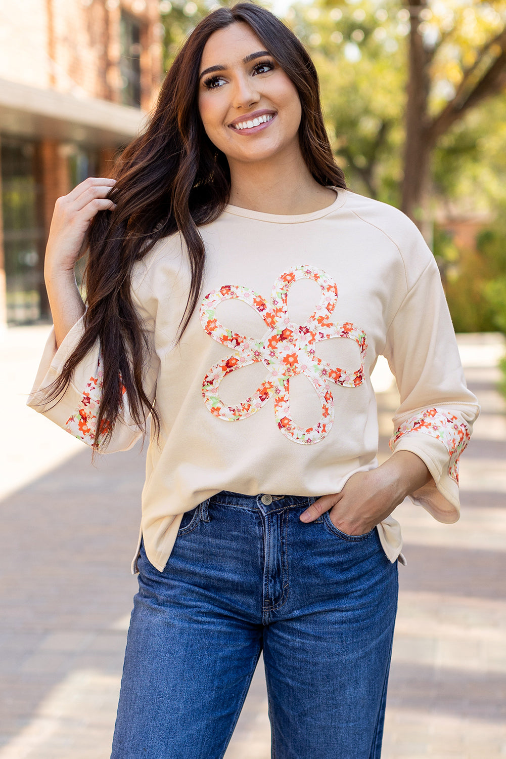 Flower Patch Graphic Exposed Seam Wide Sleeve Top