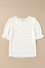 White Flower Eyelet Jacquard Keyhole Flounce Sleeve Top