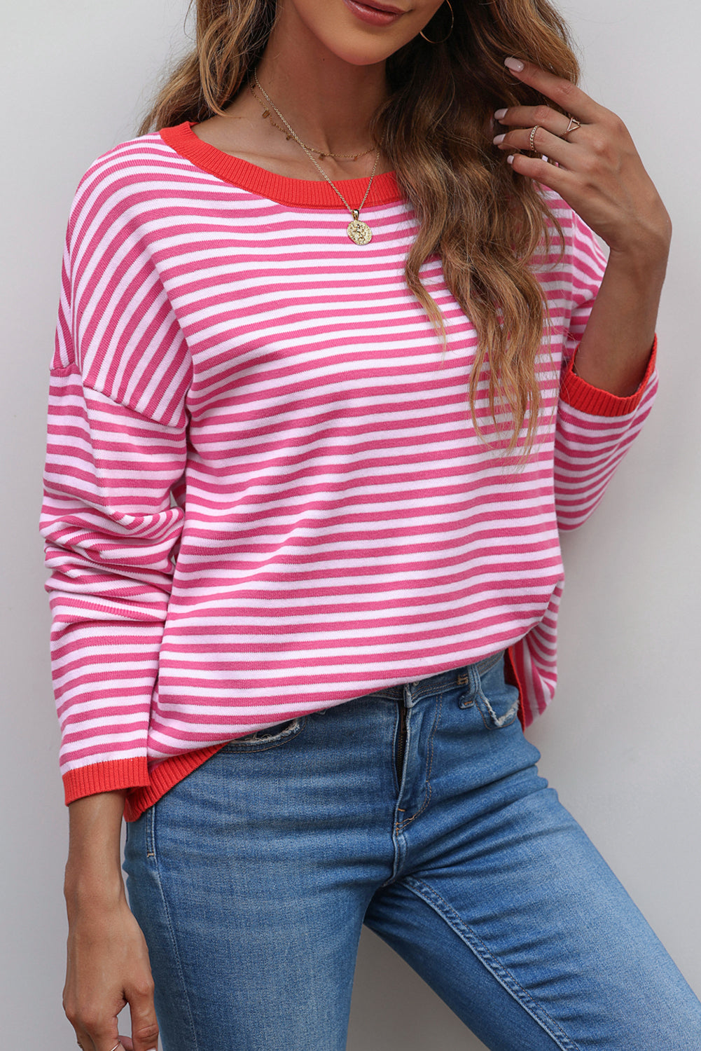 Contrast Trimmed Striped Drop Shoulder Sweater