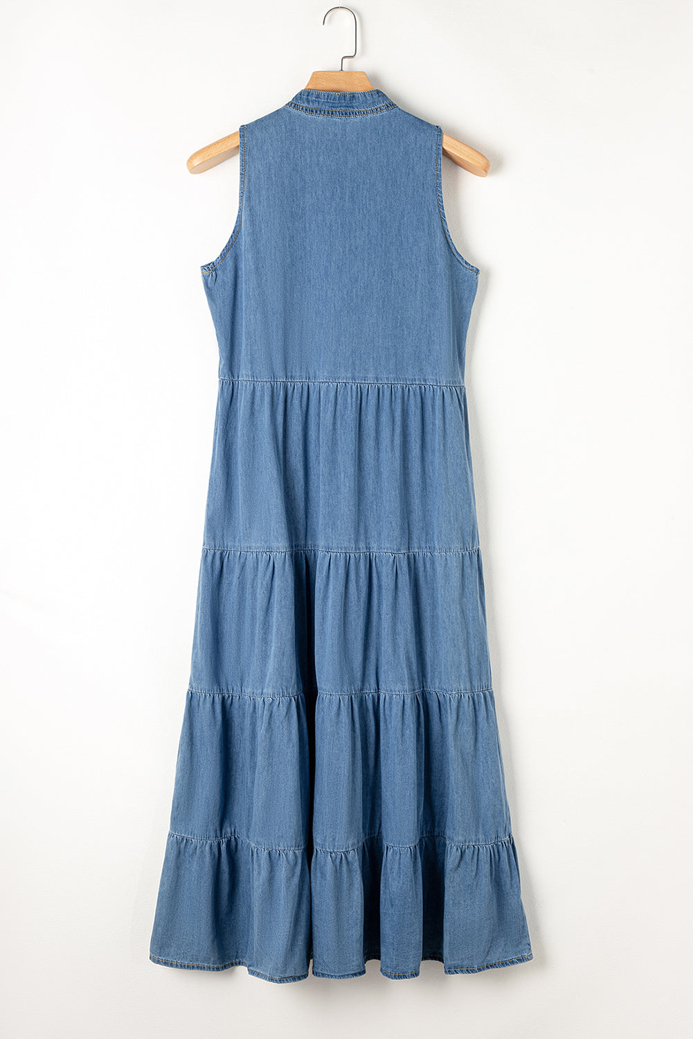 Solid Color Sleeveless Tiered Chambray Maxi Dress