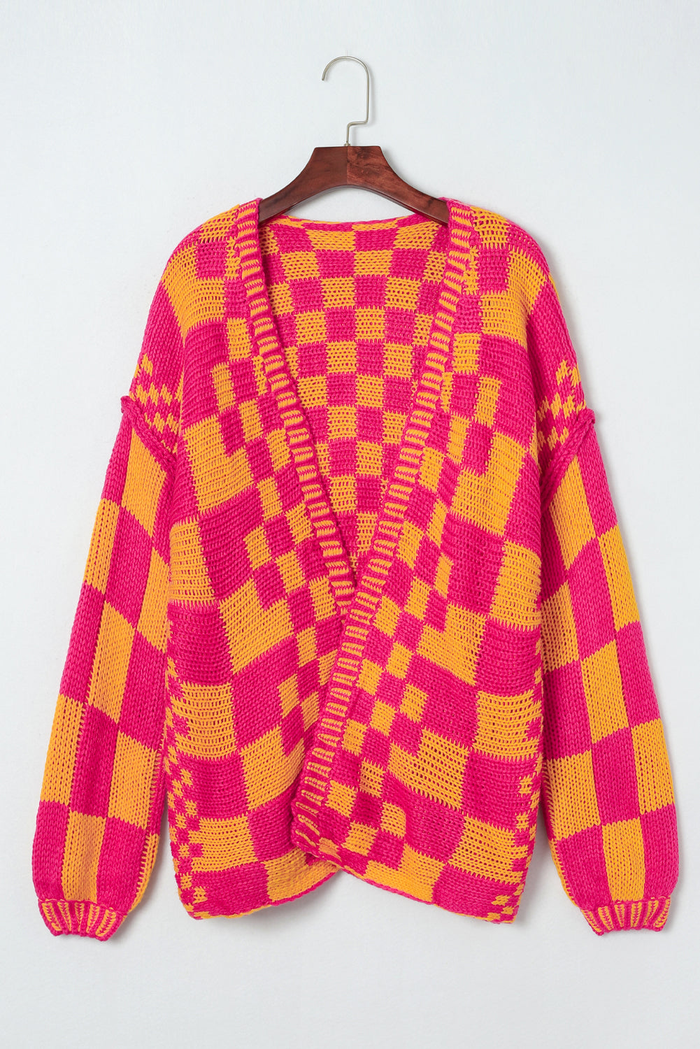 Multicolor Open Front Mixed Checkered Pattern Knit Cardigan