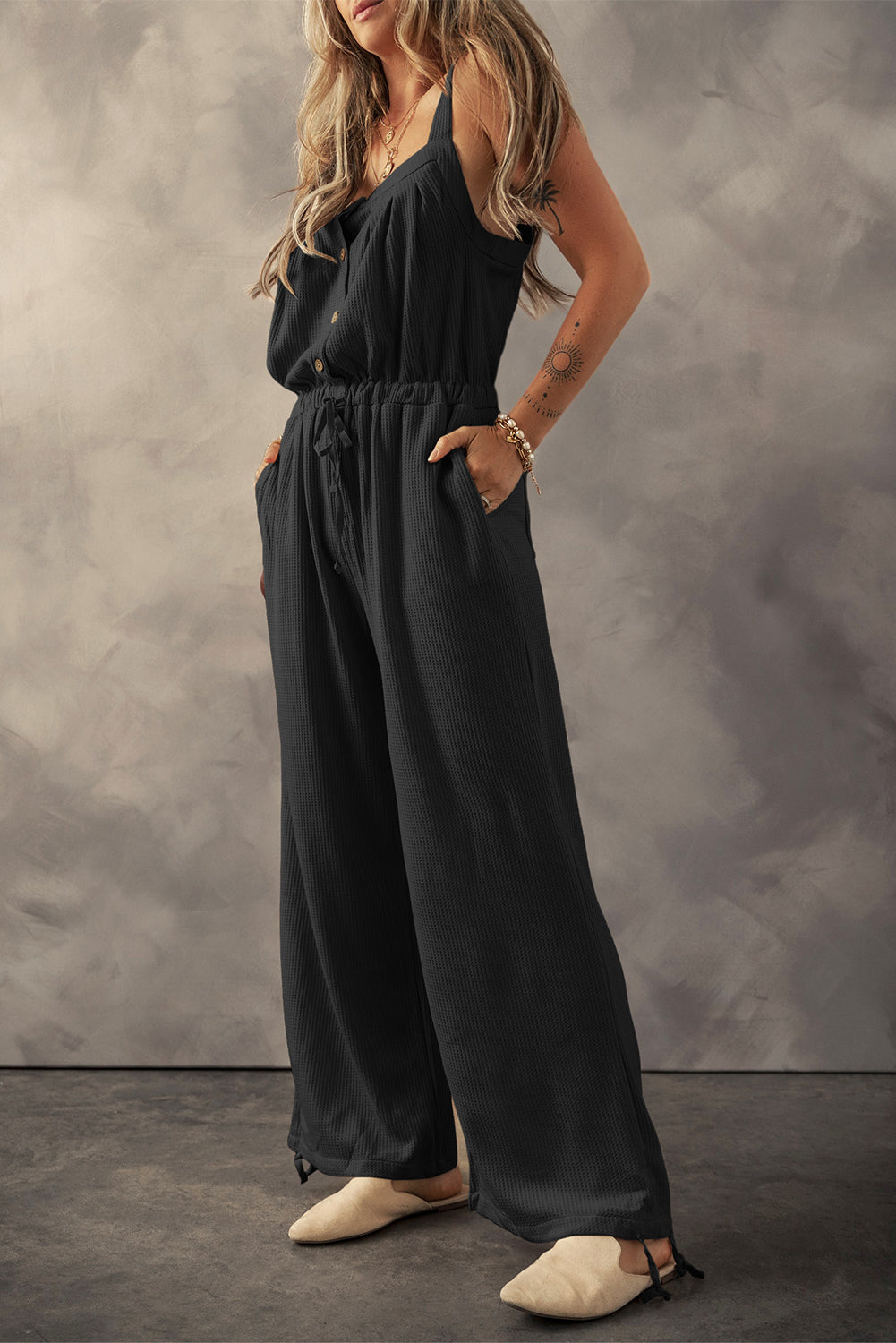 Women's Knotted Straps Button Textured Drawstring Jumpsuit