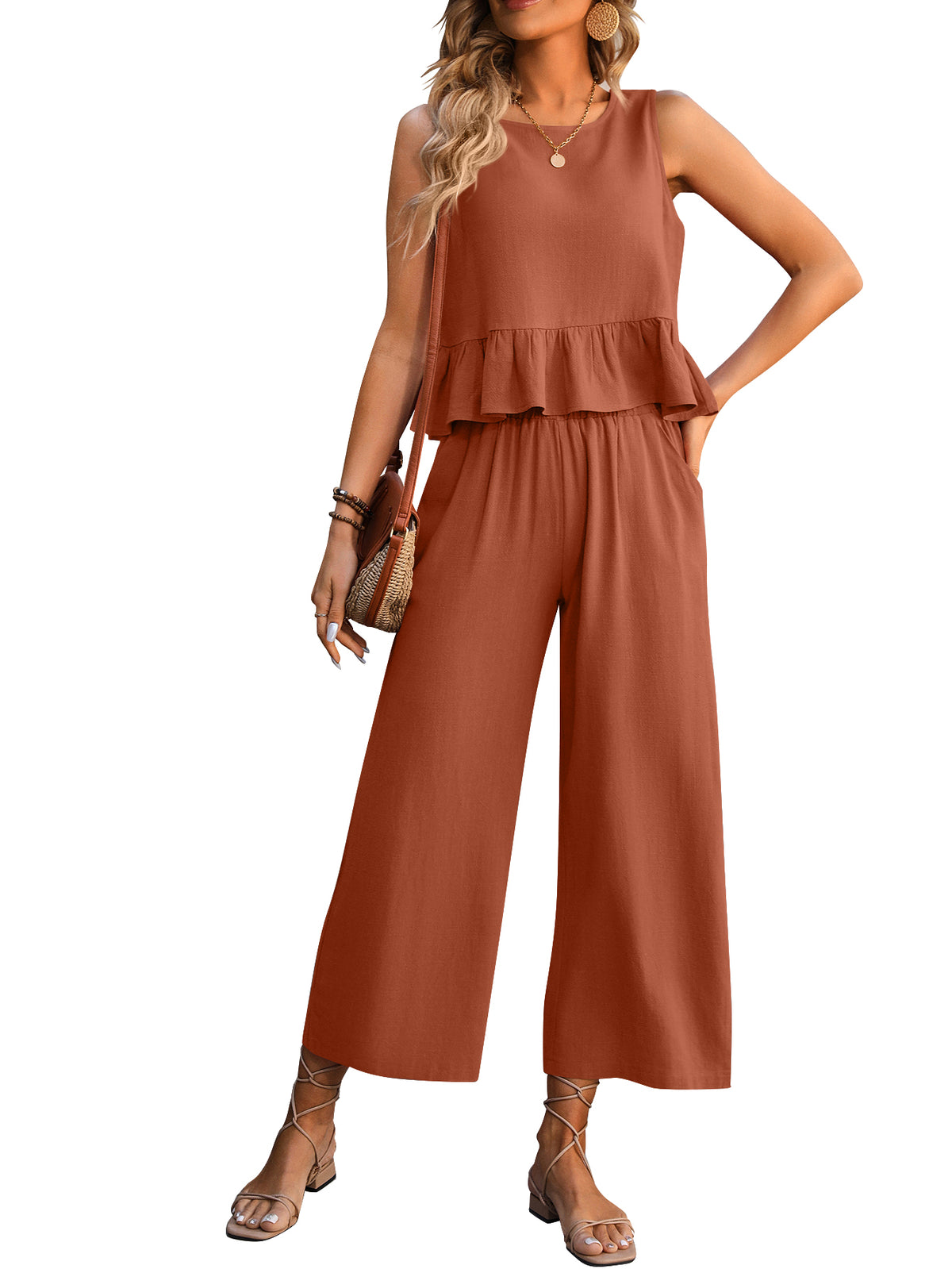 Sleeveless Crop Top Wide Leg Pants  Lounge Matching Sets