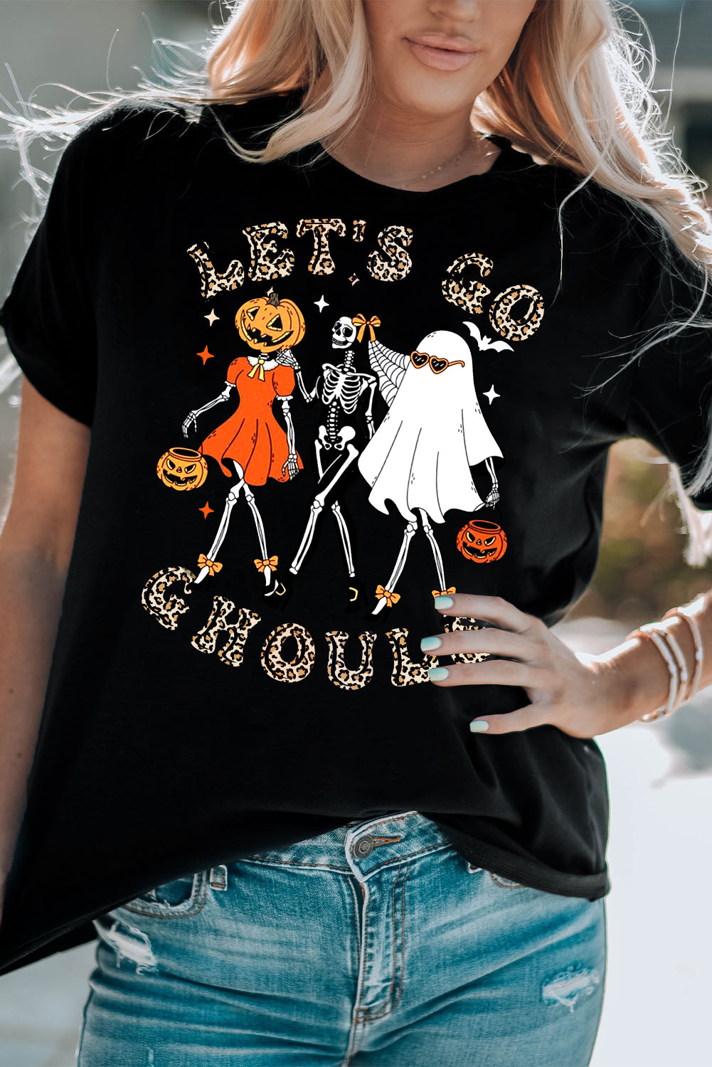 Halloween Pumpkin Skull Plain Crew Neck T-Shirt