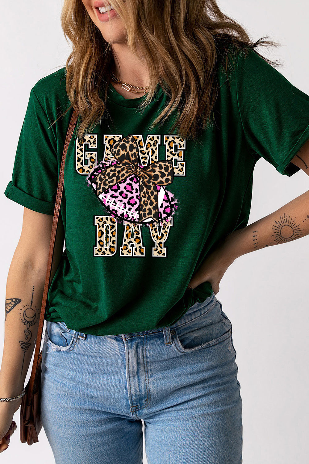 Game Day Leopard Rugby Solid Color Crew Neck T-Shirt