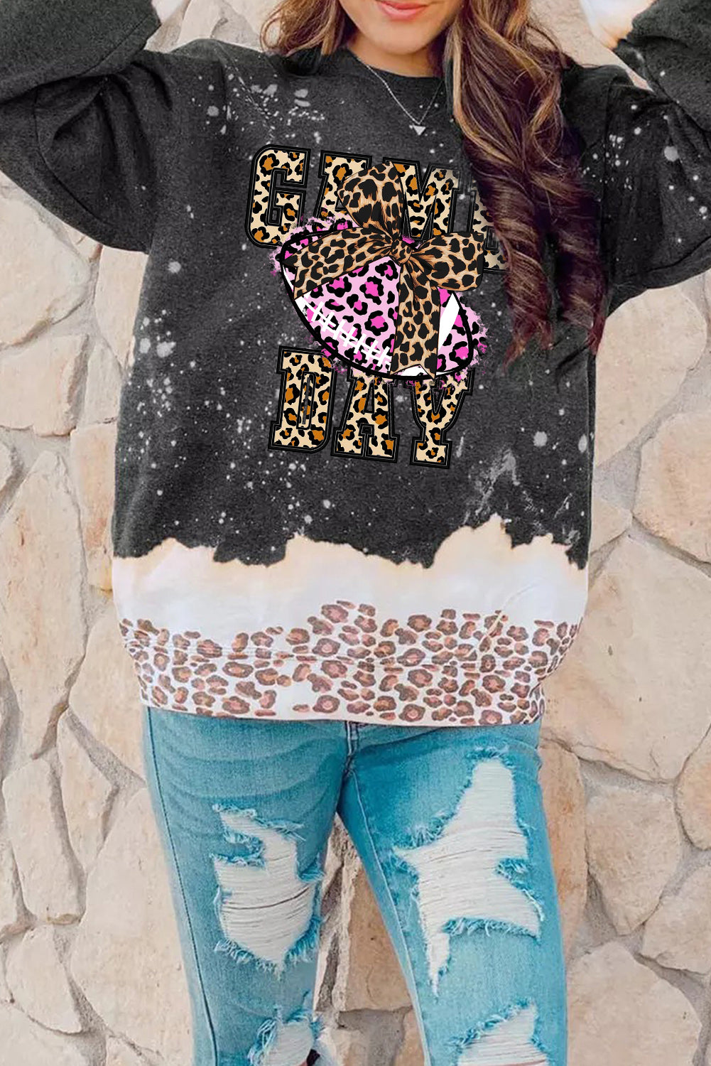 Game Day Leopard Print Rugby Pullover Sweatshirt