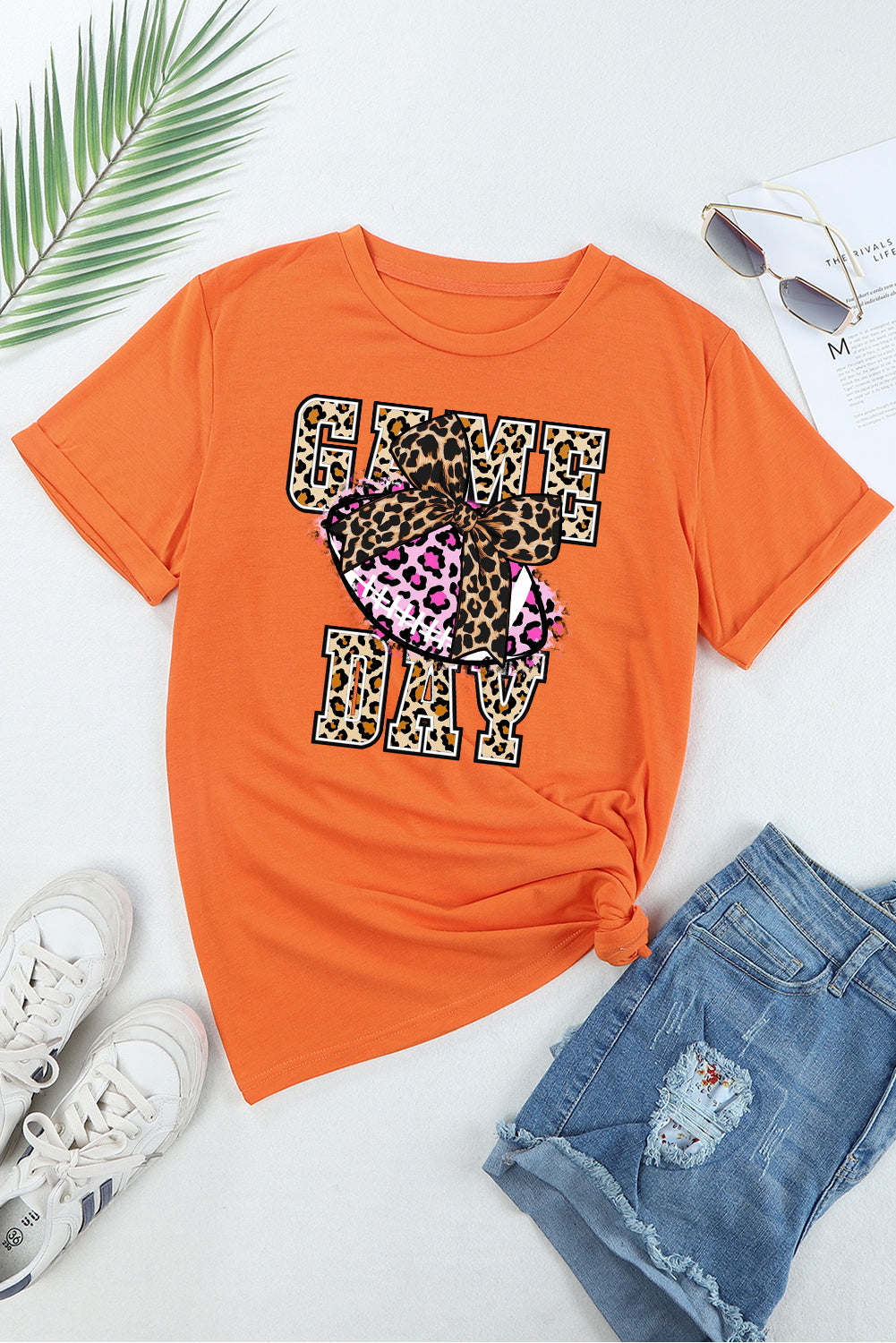 Game Day Leopard Rugby Solid Color Crew Neck T-Shirt