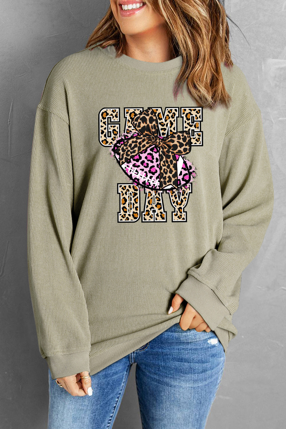 Game Day Leopard Ribbed Knit Crew Neck Pullover Sweatshirt