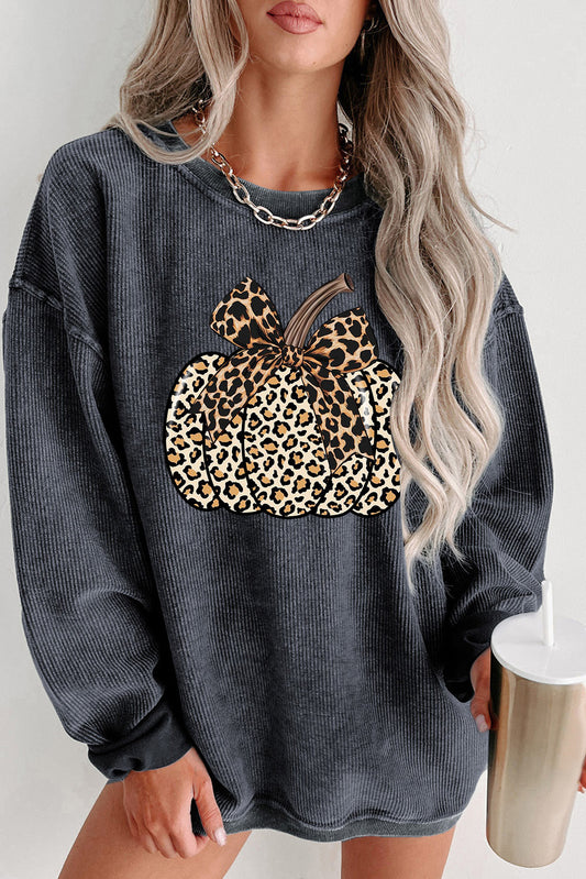 Pumpkin Ribbed Knit Round Neck Pullover Sweatshirt for Woman