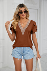 Gold lace V-Neck Tile Short Sleeve Solid Color T-Shirt top