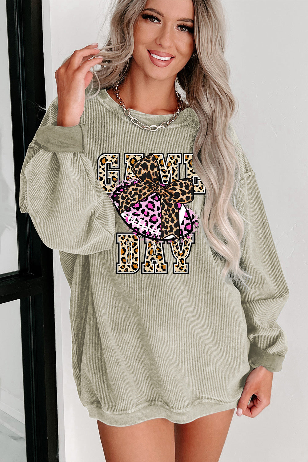 Game Day Leopard Ribbed Knit Crew Neck Pullover Sweatshirt