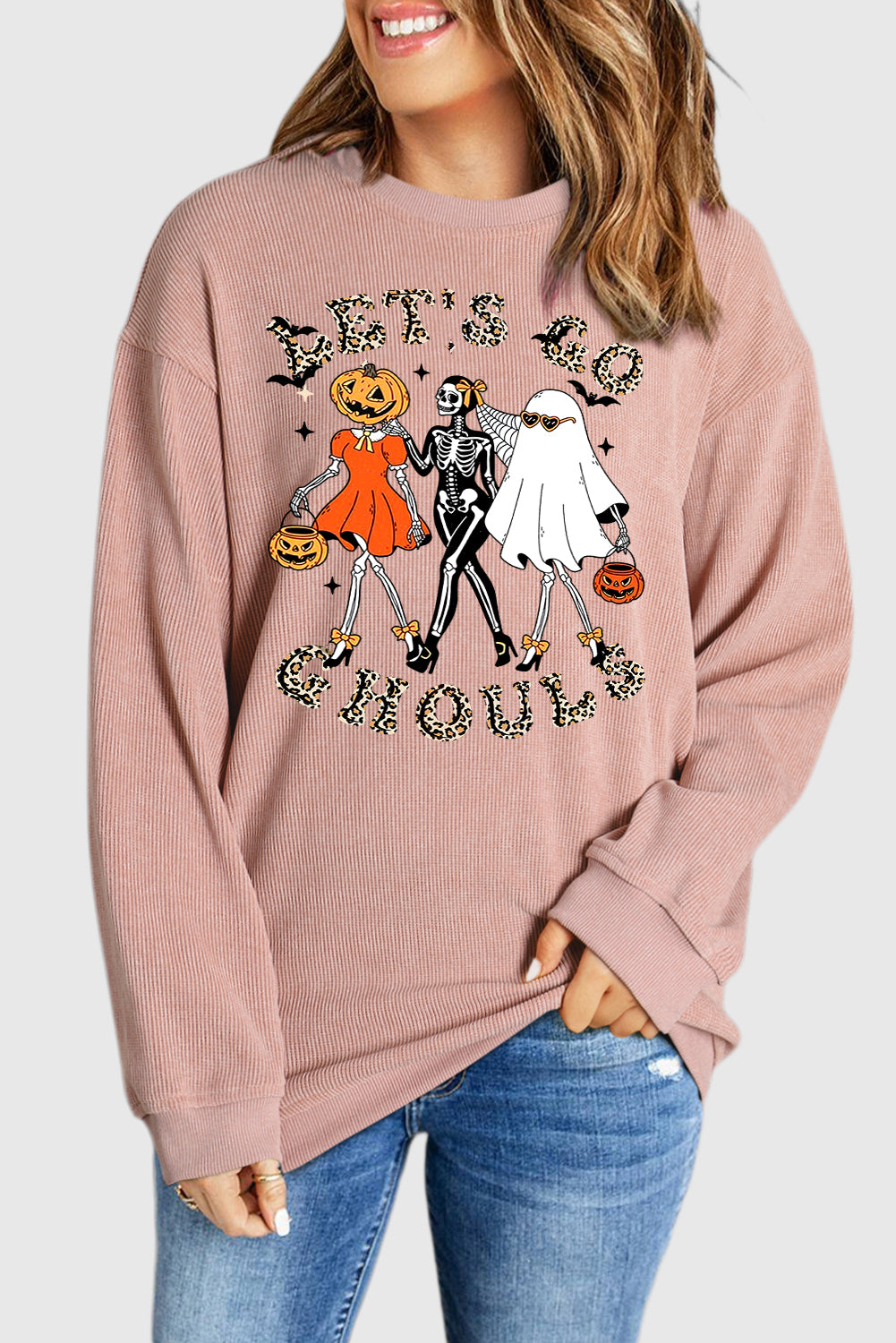 Halloween Plain Crew Neck Pumpkin Skull Ghost Pattern Pullover Sweatshirt