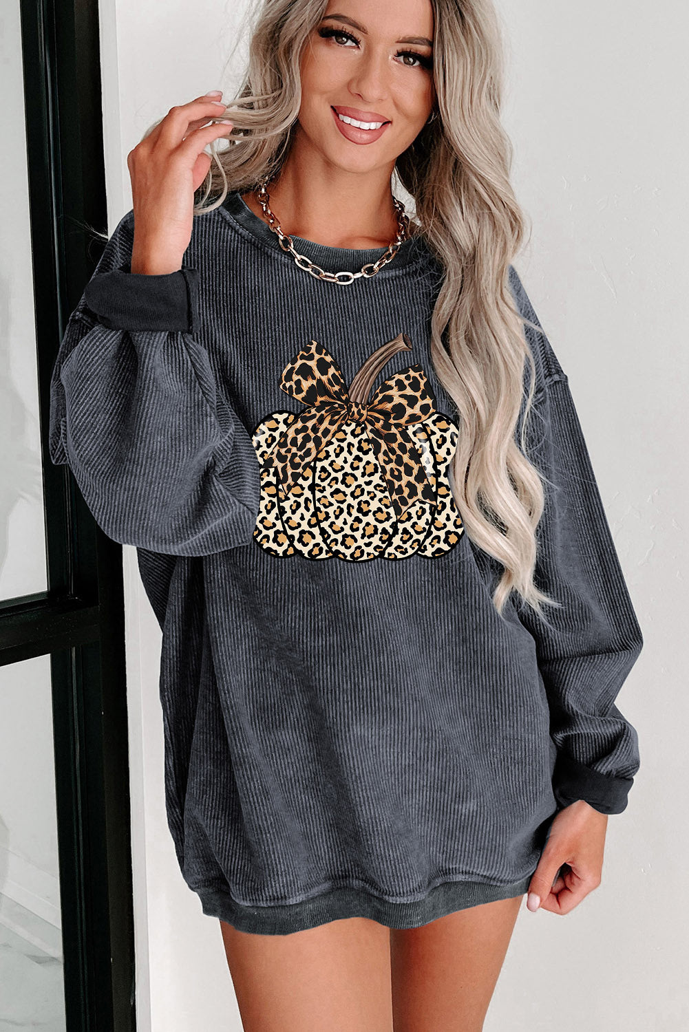 Pumpkin Ribbed Knit Round Neck Pullover Sweatshirt for Woman