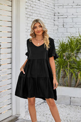 Summer Casual V-neck Babydoll Three-layer Pleated Dress