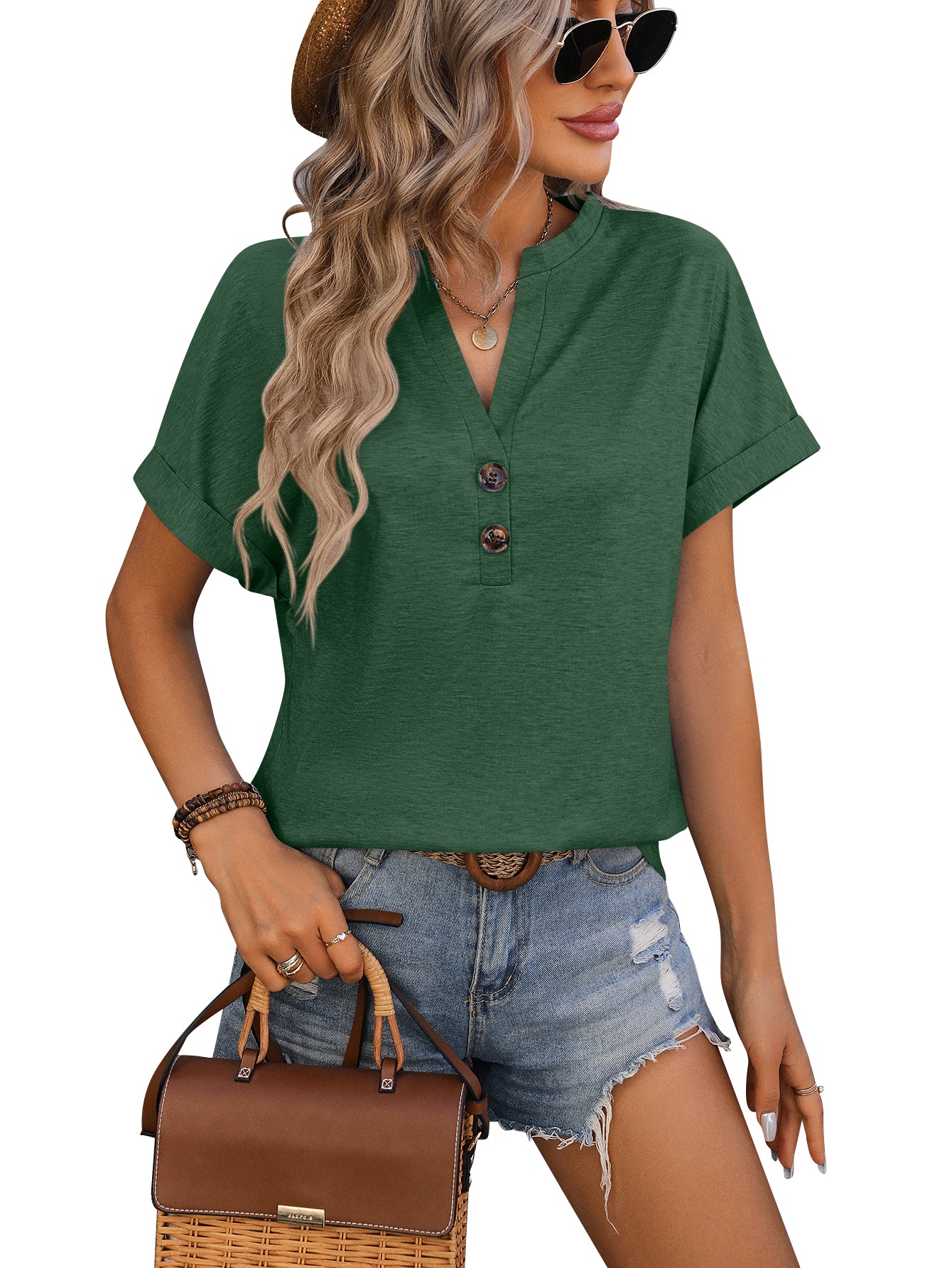 Loose Blouse Short Sleeve V Neck Button Down T Shirts